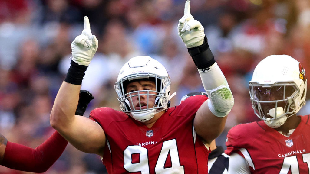 Zach Allen #94 of the Arizona Cardinals celebrates a sack against the Los Angeles Chargers in the f...