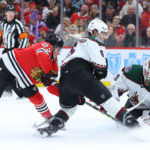 Connor Ingram #39 of the Arizona Coyotes saves a shot on goal by Lukas Reichel #27 of the Chicago Blackhawks during the second period at United Center on January 06, 2023 in Chicago, Illinois. (Photo by Michael Reaves/Getty Images )