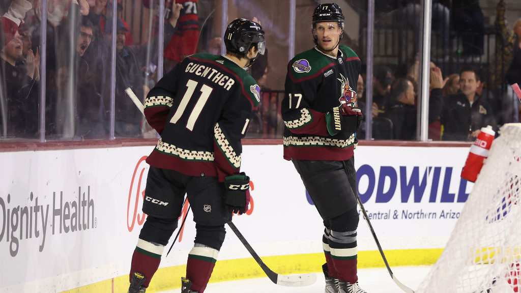Nick Bjugstad #17 of the Arizona Coyotes celebrates with Dylan Guenther #11 after scoring a goal ag...