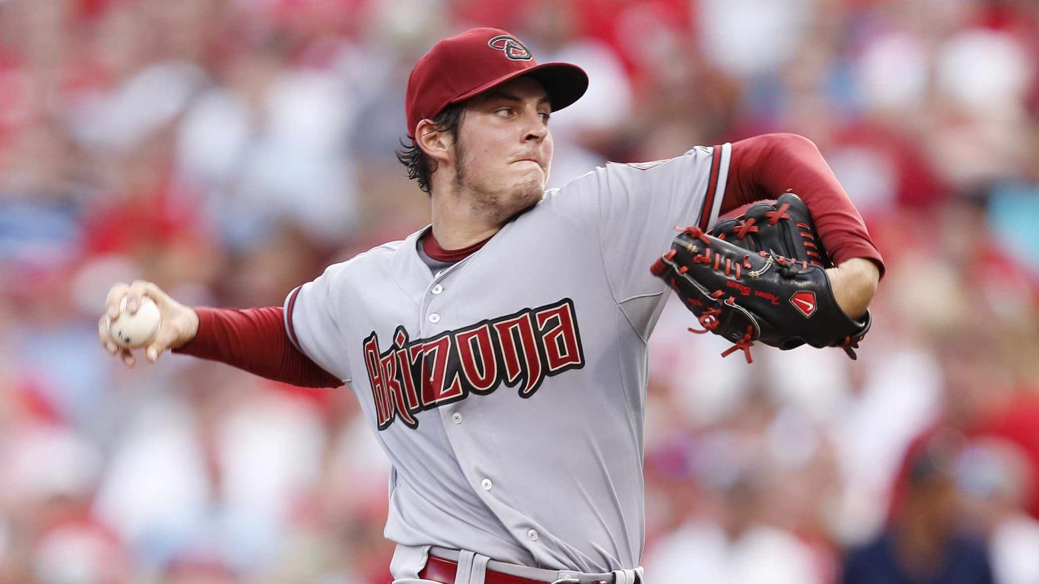 Trevor Bauer #17 of the Arizona Diamondbacks pitches during the game against the Cincinnati Reds at...