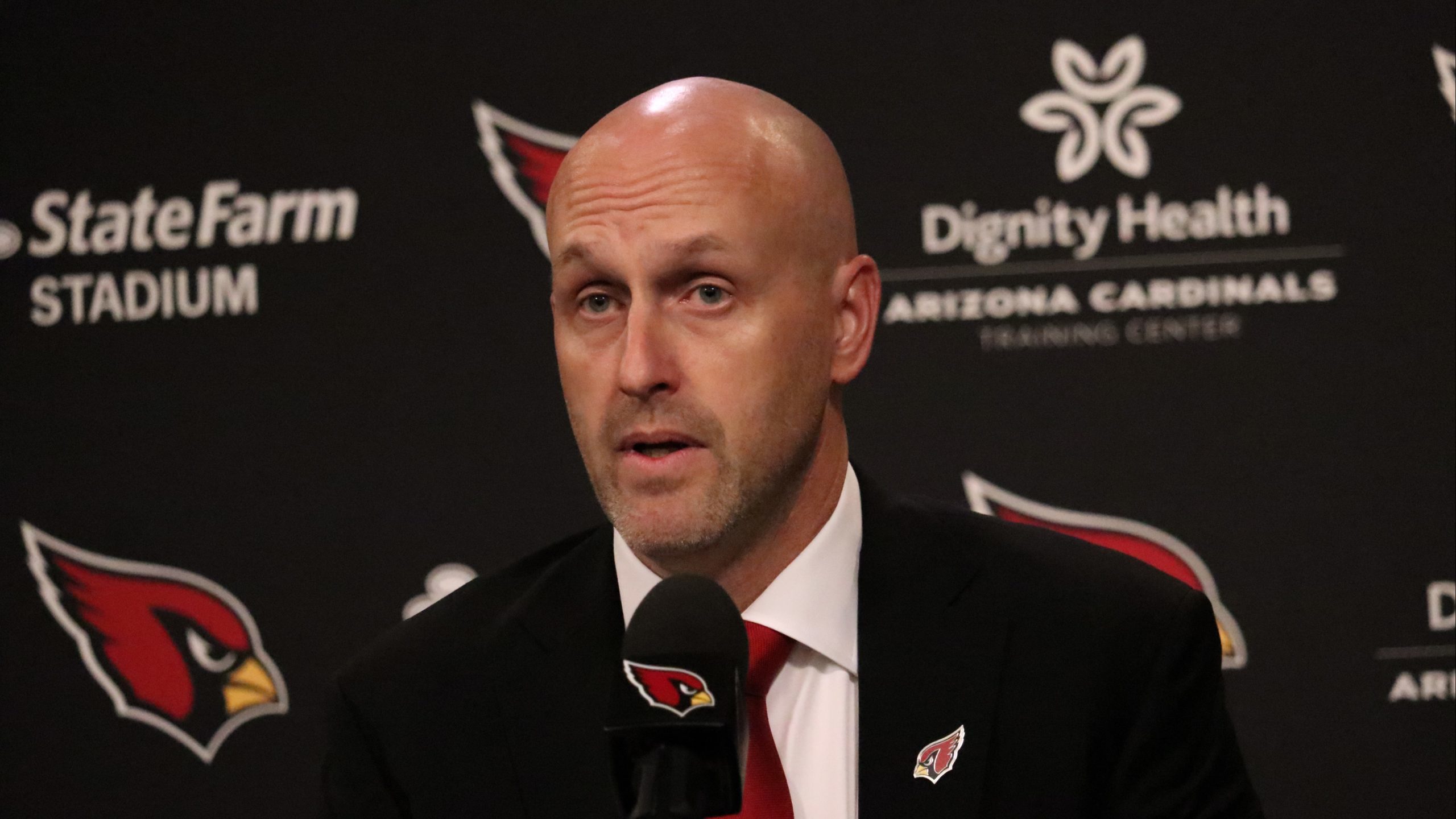 Arizona Cardinals GM Monti Ossenfort speaks with reporters during his introductory press conference...