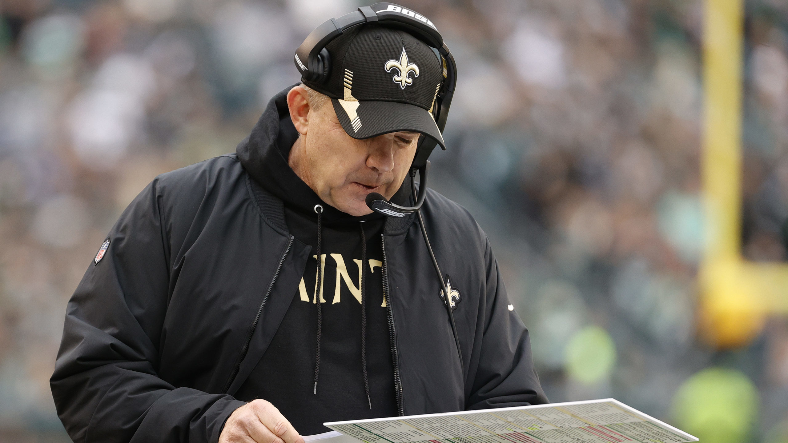 Head coach Sean Payton of the New Orleans Saints reviews plays against the Philadelphia Eagles at L...