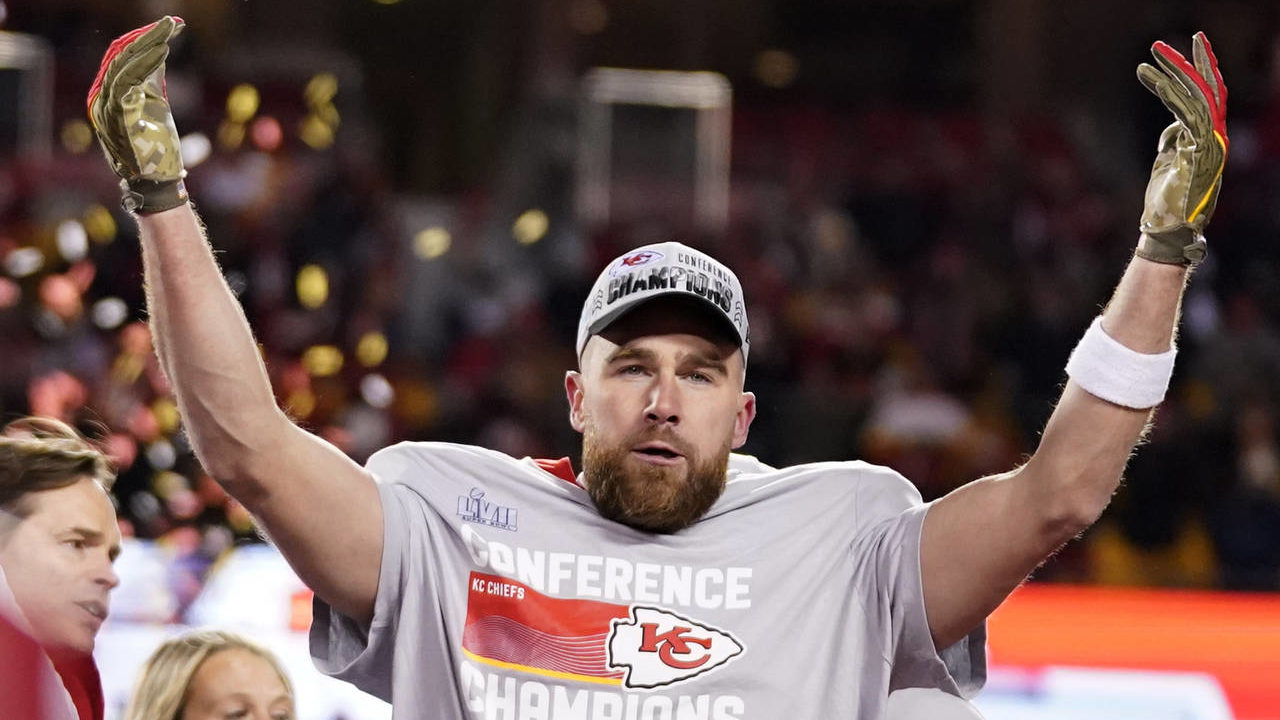 Kansas City Chiefs tight end Travis Kelce celebrates after the NFL AFC Championship playoff footbal...