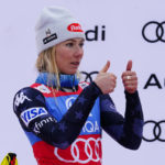 
              Second placed United States' Mikaela Shiffrin gives the thumb up sign after completing an alpine ski, women's World Cup slalom, in Spindleruv Mlyn, Czech Republic, Sunday, Jan. 29, 2023. (AP Photo/Piermarco Tacca)
            