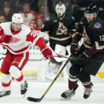 Arizona Coyotes left wing Nick Ritchie (12) skates with the puck away from Detroit Red Wings defenseman Gustav Lindstrom (28) during the first period of an NHL hockey game in Tempe, Ariz., Tuesday, Jan. 17, 2023. (AP Photo/Ross D. Franklin)
