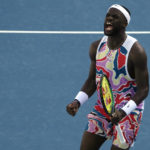 Frances Tiafoe of the U.S. reacts after defeating Daniel Altmaier of Germany in their first round match at the Australian Open tennis championship in Melbourne, Australia, Monday, Jan. 16, 2023. (AP Photo/Ng Han Guan)