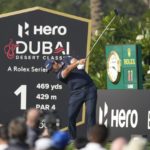 
              Patrick Reed of the U.S. tees off on the first hole during the final round of the Dubai Desert Classic, in Dubai, United Arab Emirates, Monday, Jan. 30, 2023. (AP Photo/Kamran Jebreili)
            