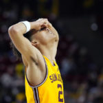 Arizona State guard Austin Nunez reacts to a team turnover against Southern California during the first half of an NCAA college basketball game in Tempe, Ariz., Saturday, Jan. 21, 2023. (AP Photo/Ross D. Franklin)