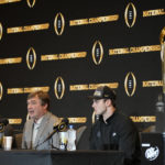 From left, Georgia defensive back Javon Bullard, head coach Kirby Smart, and tight end Brock Bowers speak to reporters during a press conference the day after winning the national championship NCAA College Football Playoff game against TCU, Tuesday, Jan. 10, 2023, in Los Angeles, Calif. Georgia won 65-7. (AP Photo/Ashley Landis)
