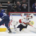 Toronto Maple Leafs forward William Nylander (88) misses on a penalty shot against Florida Panthers goaltender Sergei Bobrovsky (72) during the third period of an NHL hockey game Tuesday, Jan. 17, 2023, in Toronto. (Nathan Denette/The Canadian Press via AP)