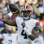 Cleveland Browns quarterback Deshaun Watson (4) looks to throw a pass during the second half of an NFL football game against the Pittsburgh Steelers in Pittsburgh, Sunday, Jan. 8, 2023. (AP Photo/Matt Freed)