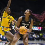 
              Stanford forward Kiki Iriafen (44) looks to shoot over California forward Michelle Onyiah (0) during the first half of an NCAA college basketball game, Sunday, Jan. 8, 2023, in Berkeley, Calif. (AP Photo/D. Ross Cameron)
            