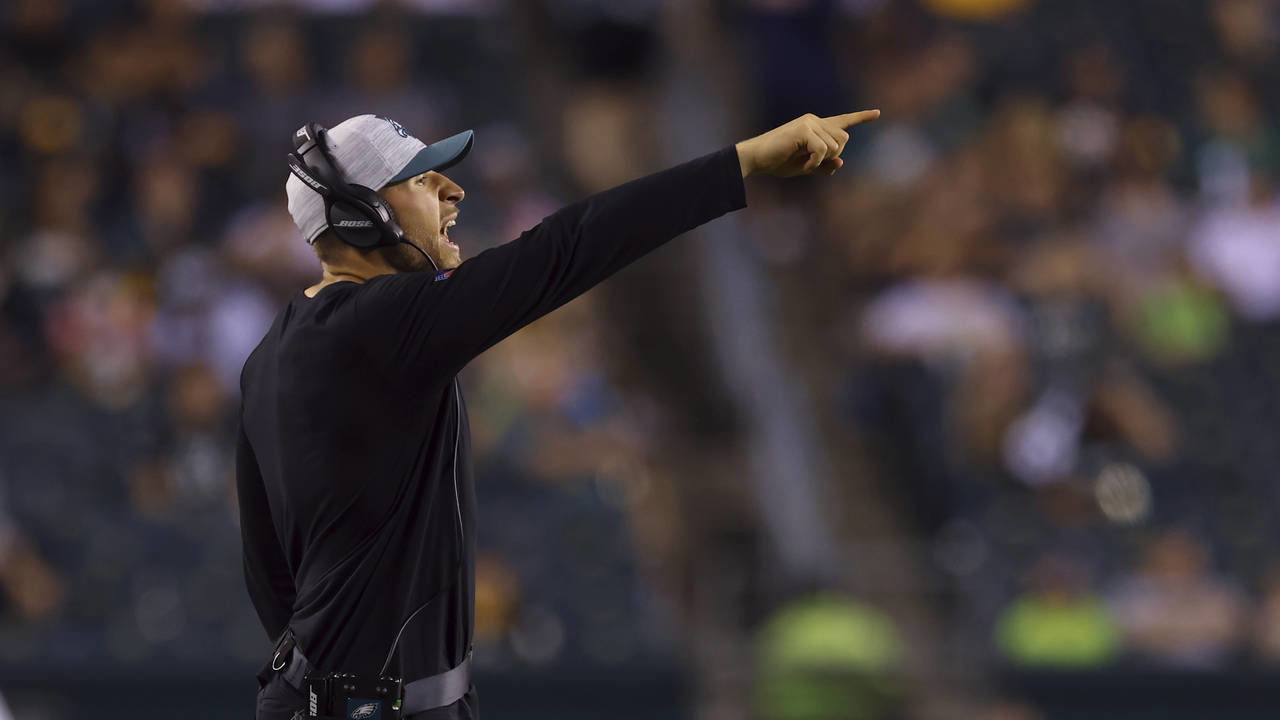 Philadelphia Eagles linebackers coach Nick Rallis gestures during a preseason NFL football game aga...