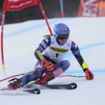 United States' Mikaela Shiffrin speeds down the course during an alpine ski, women's World Cup giant slalom race, in Kranjska Gora, Slovenia, Sunday, Jan. 8, 2023. (AP Photo/Giovanni Auletta)