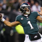 Philadelphia Eagles quarterback Jalen Hurts passes during the second half of the NFC Championship NFL football game between the Philadelphia Eagles and the San Francisco 49ers on Sunday, Jan. 29, 2023, in Philadelphia. (AP Photo/Seth Wenig)