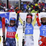 From left, second placed United States' Mikaela Shiffrin, the winner Germany's Lena Duerr and third placed Croatia's Zrinka Ljutic celebrate after completing an alpine ski, women's World Cup slalom, in Spindleruv Mlyn, Czech Republic, Sunday, Jan. 29, 2023. (AP Photo/Piermarco Tacca)