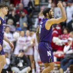
              Northwestern guards Brooks Barnhizer, left, and Boo Buie react after defeating Indiana in an NCAA college basketball game, Sunday, Jan. 8, 2023, in Bloomington, Ind. (AP Photo/Doug McSchooler)
            