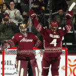Arizona Coyotes goaltender Karel Vejmelka, left, celebrates after a win over the Vegas Golden Knights with defenseman Juuso Valimaki (4) as time expires in the third period of an NHL hockey game in Tempe, Ariz., Sunday, Jan. 22, 2023. (AP Photo/Ross D. Franklin)