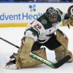 Minnesota Wild goaltender Marc-Andre Fleury (29) makes a blocker save on a shot by the Tampa Bay Lightning during the second period of an NHL hockey game Tuesday, Jan. 24, 2023, in Tampa, Fla. (AP Photo/Chris O'Meara)