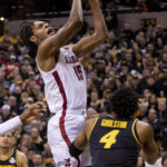 
              Alabama's Noah Clowney shoots over Missouri's DeAndre Gholston during the first half of an NCAA college basketball game Saturday, Jan. 21, 2023, in Columbia, Mo. (AP Photo/L.G. Patterson)
            