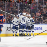 
              Tampa Bay Lightning players celebrate a goal against the Edmonton Oilers during the second period of an NHL hockey game Thursday, Jan. 19, 2023, in Edmonton, Alberta. (Jason Franson/The Canadian Press via AP)
            