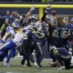 Seattle Seahawks place kicker Jason Myers (5) misses a potential game-winning field goal as time expired during fourth quarter of an NFL football game against the Los Angeles Rams Sunday, Jan. 8, 2023, in Seattle. (AP Photo/Stephen Brashear)