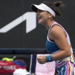 Bianca Andreescu of Canada reacts after winning a point against Marie Bouzkova of the Czech Republic during their first round match at the Australian Open tennis championship in Melbourne, Australia, Monday, Jan. 16, 2023. (AP Photo/Ng Han Guan)