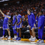
              Kentucky players celebrate on the bench during the second half of an NCAA college basketball game against Tennessee, Saturday, Jan. 14, 2023, in Knoxville, Tenn. (AP Photo/Wade Payne)
            