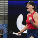 
              United States' Jessica Pegula celebrates after defeating Italy's Martina Trevisan during the final of the United Cup tennis event in Sydney, Australia, Sunday, Jan. 8, 2023. (AP Photo/Mark Baker)
            