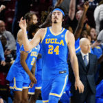 UCLA's Jamie Jaquez Jr. (24) reacts during the second half of the team's NCAA college basketball game against Arizona State on Thursday, Jan. 19, 2023, in Tempe, Ariz. UCLA won 74-62. (AP Photo/Darryl Webb)