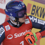 
              Norway's Henrik Kristoffersen reacts after completing an alpine ski, men's World Cup giant slalom race, in Adelboden, Switzerland, Saturday, Jan. 7, 2023. (AP Photo/Giovanni Pizzato)
            