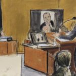 
              Assistant US Attorney Megan Farrell at podium, far right questions government witness Alejandro Burzaco, on witness stand,, Wednesday, Jan. 18, 2023, in the Brooklyn borough of New York. On the display board is a photo of a former FIFA executive, Julio Grondona. (Elizabeth Williams via AP)
            