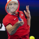 United States' Taylor Fritz plays a forehand return to Italy's Matteo Berrettini during the final of the United Cup tennis event in Sydney, Australia, Sunday, Jan. 8, 2023. (AP Photo/Mark Baker)