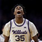 
              Kansas State forward Nae'Qwan Tomlin celebrates after a basket during the first half of an NCAA college basketball game against Kansas Tuesday, Jan. 17, 2023, in Manhattan, Kan. (AP Photo/Charlie Riedel)
            