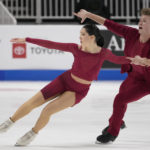 
              Lorraine McNamara, left, and Anton Spiridonov perform during the free dance at the U.S. figure skating championships in San Jose, Calif., Saturday, Jan. 28, 2023. (AP Photo/Tony Avelar)
            