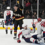 Vegas Golden Knights center Byron Froese (51) celebrates after scoring against the Washington Capitals during the second period of an NHL hockey game Saturday, Jan. 21, 2023, in Las Vegas. (AP Photo/John Locher)