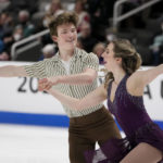 
              Ian Somerville, left, and Emily Bratti perform during the free dance at the U.S. figure skating championships in San Jose, Calif., Saturday, Jan. 28, 2023. (AP Photo/Tony Avelar)
            
