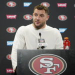 San Francisco 49ers defensive end Nick Bosa speaks at a news conference after an NFL wild card playoff football game against the Seattle Seahawks in Santa Clara, Calif., Saturday, Jan. 14, 2023. (AP Photo/Godofredo A. Vásquez)