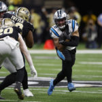 Carolina Panthers running back Chuba Hubbard runs during the first half an NFL football game between the Carolina Panthers and the New Orleans Saints in New Orleans, Sunday, Jan. 8, 2023. (AP Photo/Butch Dill)