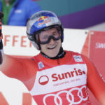 Switzerland's Marco Odermatt reacts after winning an alpine ski, men's World Cup giant slalom race, in Adelboden, Switzerland, Saturday, Jan. 7, 2023. (AP Photo/Giovanni Pizzato)