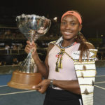 
              USA's Coco Gauff poses for a photo with her trophy after she beat Spain's Viktoria Masarova in the final of the ASB Classic tennis event in Auckland, New Zealand, Sunday, Jan. 8, 2023. (Andrew Cornaga/Photoport via AP)
            
