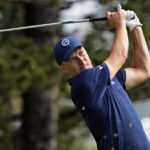 
              Jordan Spieth plays his shot from the second tee during the final round of the Tournament of Champions golf event, Sunday, Jan. 8, 2023, at Kapalua Plantation Course in Kapalua, Hawaii. (AP Photo/Matt York)
            