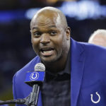 
              FILE - Former Indianapolis Colts defensive end Dwight Freeney speaks during his Ring of Honor induction ceremony during halftime of an NFL football game against the Miami Dolphins in Indianapolis on Nov. 10, 2019. Freeney was elected to the College Football Hall of Fame on Monday, Jan. 9, 2023.  (AP Photo/Darron Cummings, File)
            