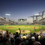 
              This artists rendering provided by BIG/Oakland A's show the proposed stadium for the Oakland Athletics baseball team in Oakland, Calif. The Oakland Athletics have spent years trying to get a new stadium while watching Bay Area neighbors the Giants, Warriors, 49ers and Raiders successfully move into state-of-the-art venues, and now time is running short on their efforts. (BIG/Oakland A's via AP)
            