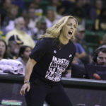 
              Baylor head coach Nicki Collen reacts to a play against Oklahoma State in the second half of an NCAA college basketball game, Wednesday, Jan. 11, 2023, in Waco, Texas. (Rod Aydelotte/Waco Tribune-Herald via AP)
            