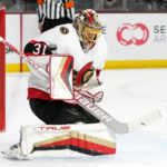 Ottawa Senators goaltender Anton Forsberg makes a save against the Arizona Coyotes during the first period of an NHL hockey game in Tempe, Ariz., Thursday, Jan. 12, 2023. (AP Photo/Ross D. Franklin)