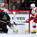 Detroit Red Wings left wing David Perron (57) scores a goal against Arizona Coyotes goaltender Connor Ingram during the third period of an NHL hockey game in Tempe, Ariz., Tuesday, Jan. 17, 2023. The Coyotes won 4-3 in a shootout. (AP Photo/Ross D. Franklin)