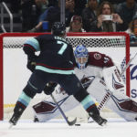 Colorado Avalanche goaltender Pavel Francouz (39) waits for a shot by Seattle Kraken right wing Jordan Eberle, which was blocked, during the shootout in an NHL hockey game, Saturday, Jan. 21, 2023, in Seattle. The Avalanche won 2-1. (AP Photo/Lindsey Wasson)