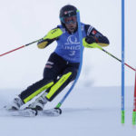 Sweden's Anna Swenn Larsson speeds down the course during an alpine ski, women's World Cup slalom, in Spindleruv Mlyn, Czech Republic, Sunday, Jan. 29, 2023. (AP Photo/Giovanni Maria Pizzato)