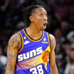 Phoenix Suns' Saben Lee (38) celebrates after a 3-point basket against the Indiana Pacers during the second half of an NBA basketball game in Phoenix, Saturday, Jan. 21, 2023. (AP Photo/Darryl Webb)